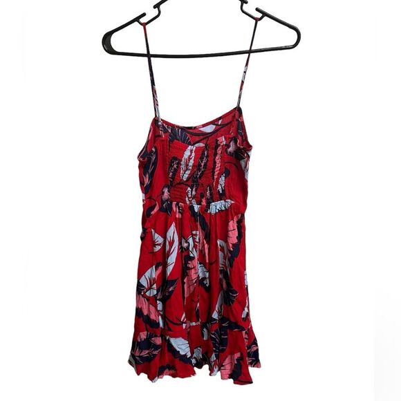 Express Red and Blue Tropical Hawaiian Ruffle Hem Smocked Mini Dress SZ XS - Picture 3 of 3